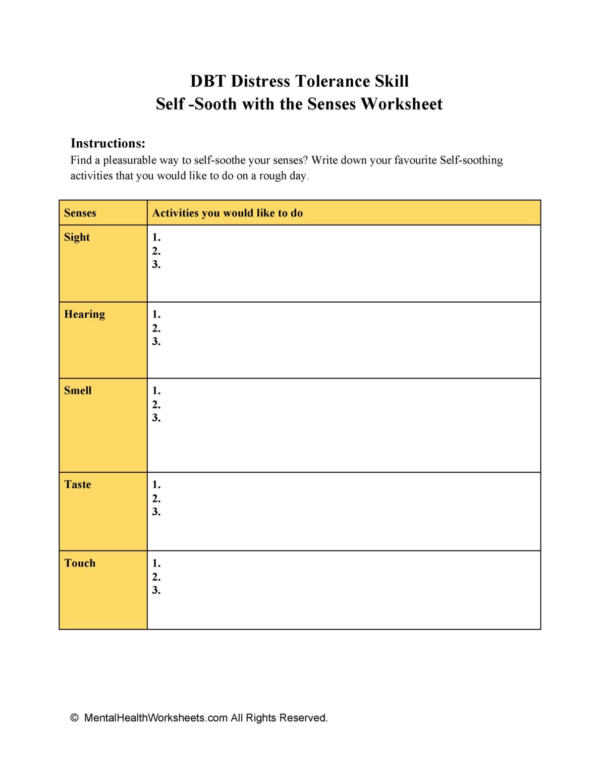 DBT Distress Tolerance Skill SELF SOOTHING Worksheet Mental Health 