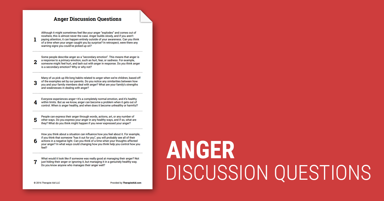 Anger Discussion Questions Worksheet Therapist Aid