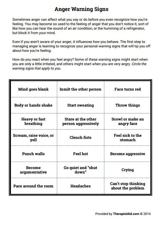 Anger Warning Signs Worksheet Therapist Aid Anger Management 