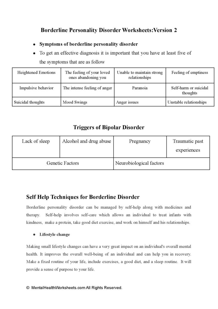 homework assignments for borderline personality disorder