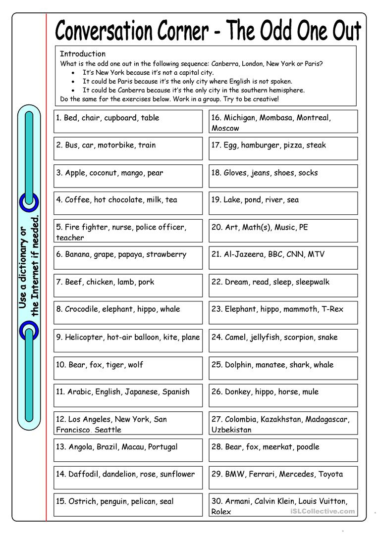 Conversation Corner The Odd One Out Worksheet Free ESL Printable 