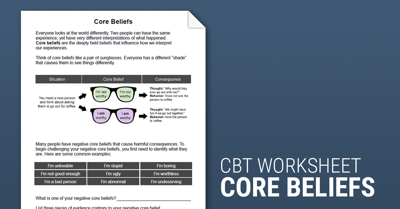 Core Beliefs Worksheet Therapist Aid