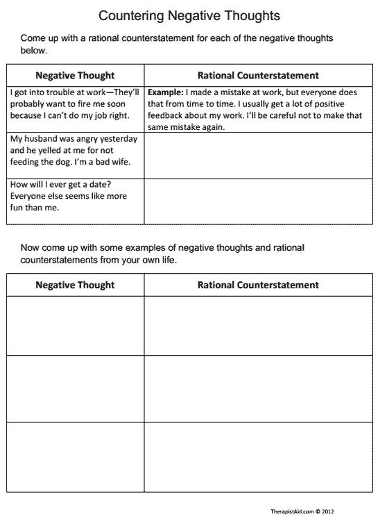 Countering Negative Thoughts Thought Log Worksheet Therapist Aid 