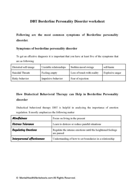 DBT Borderline Personality Disorder Worksheet Mental Health Worksheets