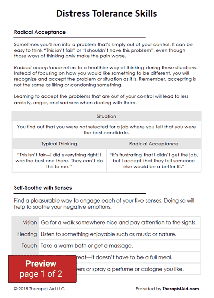 DBT Distress Tolerance Skills Worksheet Therapist Aid