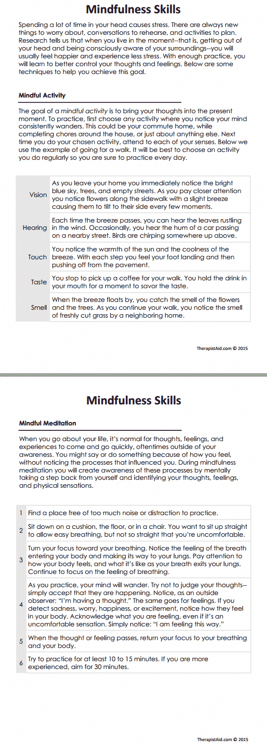 DBT Mindfulness Skills Worksheet Therapist Aid Dbt Mindfulness 