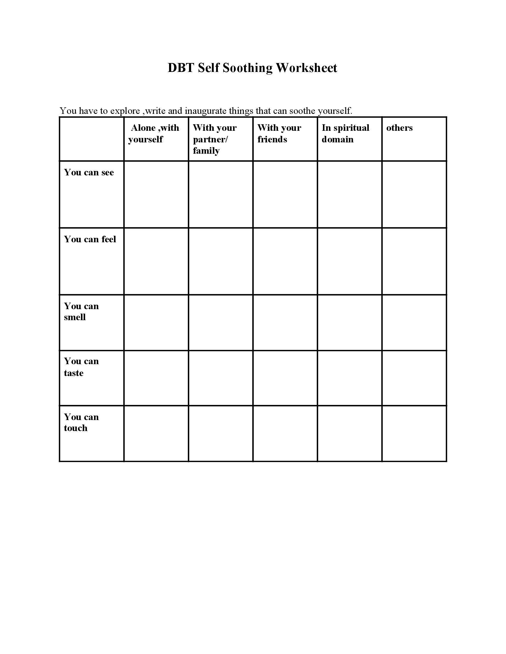 DBT Self Soothing Worksheet Mental Health Worksheets