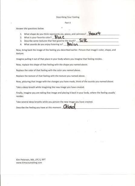 Describing Your Feeling Printable Guided Imagery Worksheet Describe 