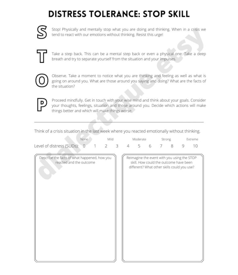 Distress Tolerance Stop Skill Handout And Worksheet Etsy Dbt Worksheets