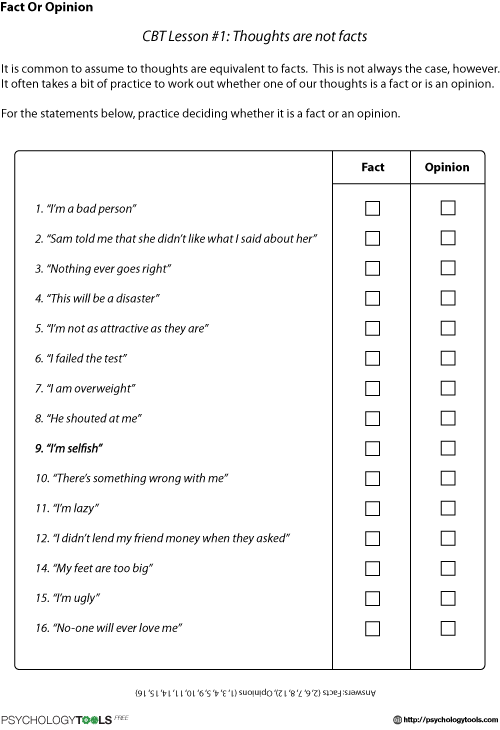 Fact Or Opinion CBT Worksheet Psychology Tools