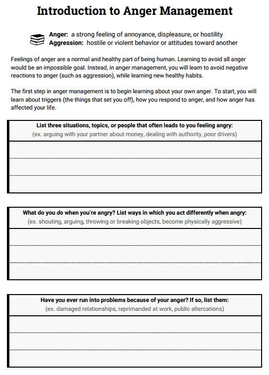 Introduction To Anger Management Worksheet Therapist Aid Anger 