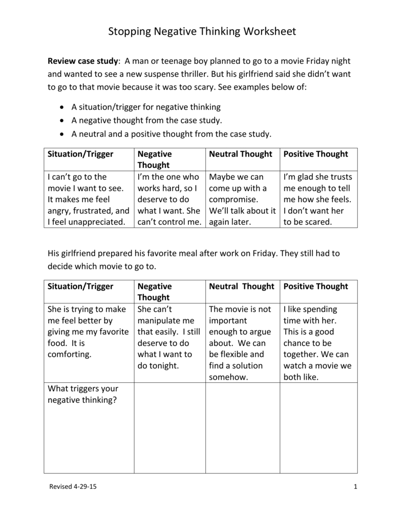 Lesson 1Stopping Negative Thinking Worksheet Db excel