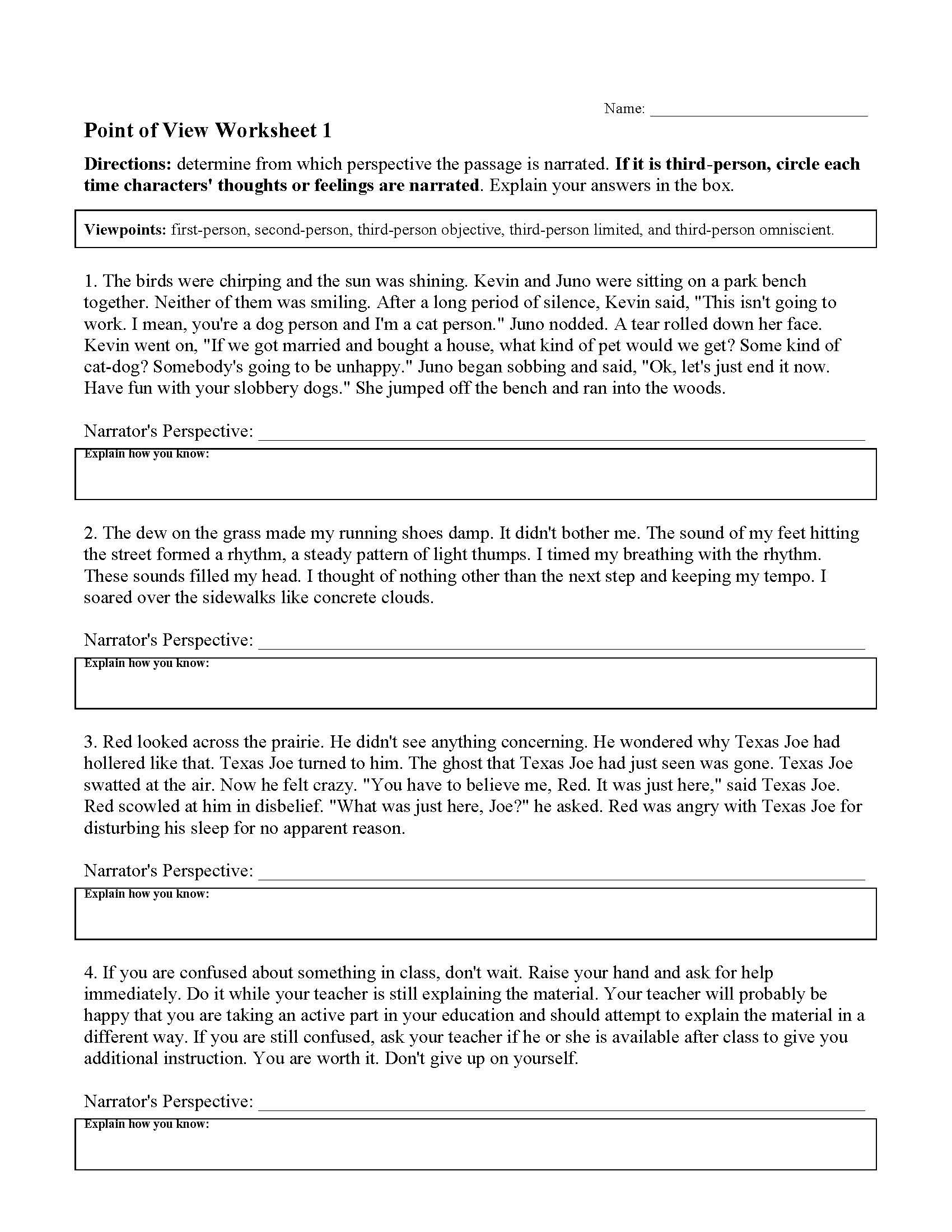 Point Of View Worksheet 15 Thekidsworksheet