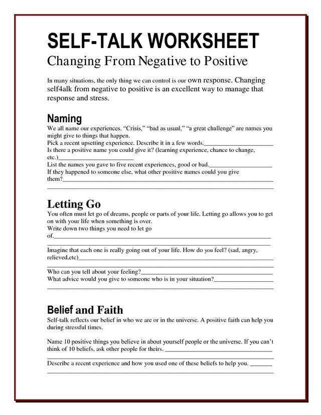 Positive Self Talk Therapy Worksheets Anger Worksheets Therapy 