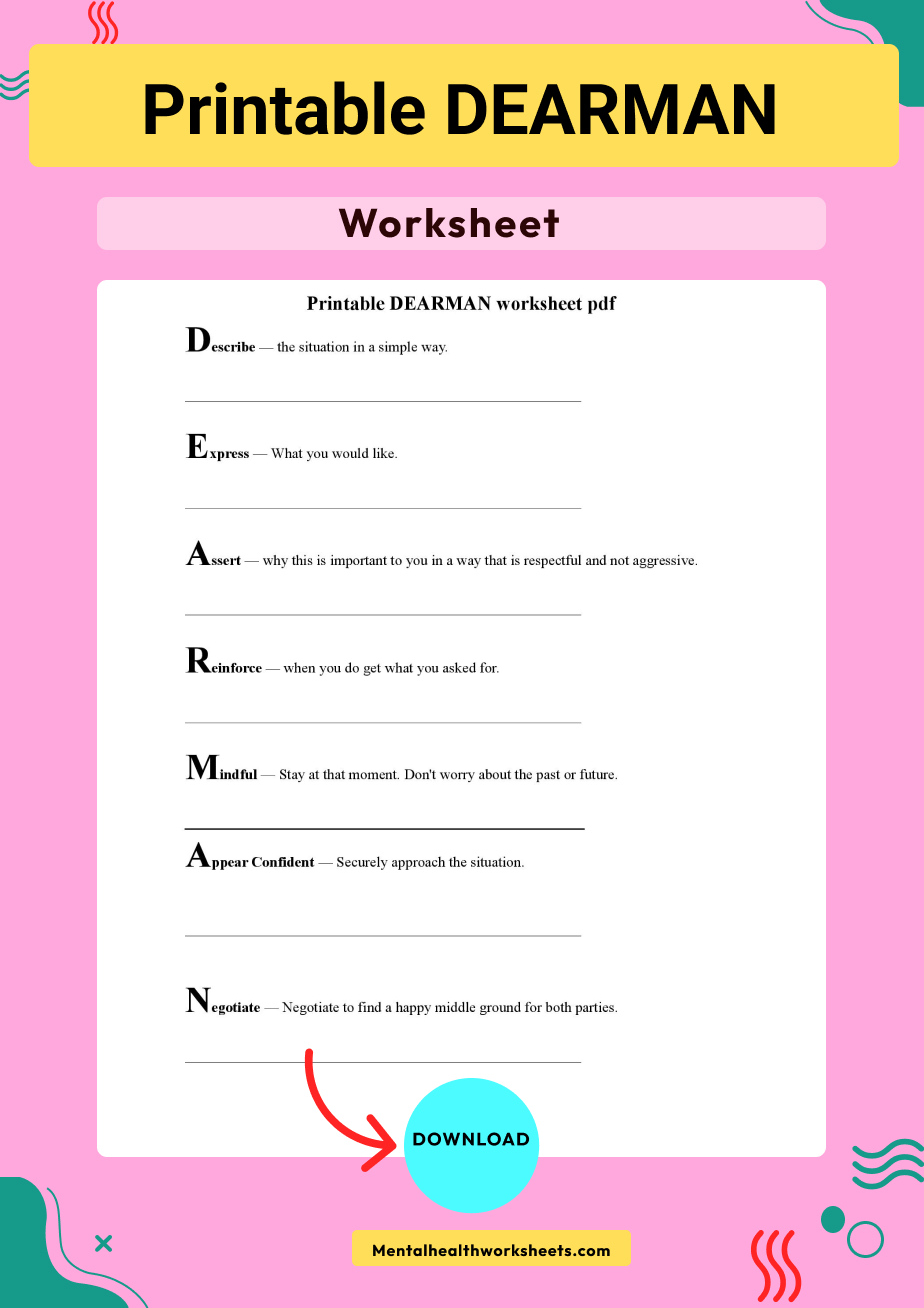 Printable DEARMAN Worksheet Pdf Mental Health Worksheets