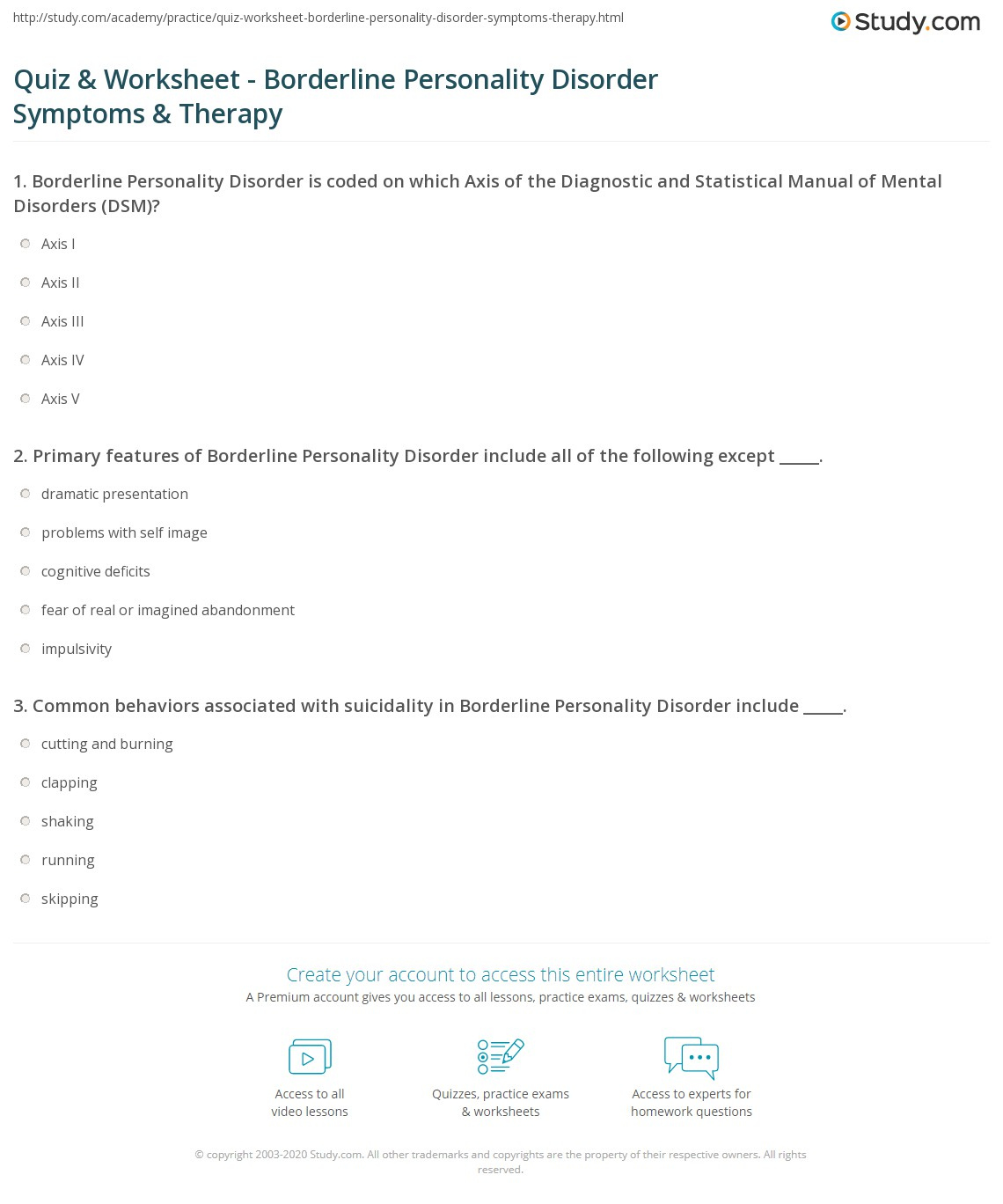 Quiz Worksheet Borderline Personality Disorder Symptoms Therapy 