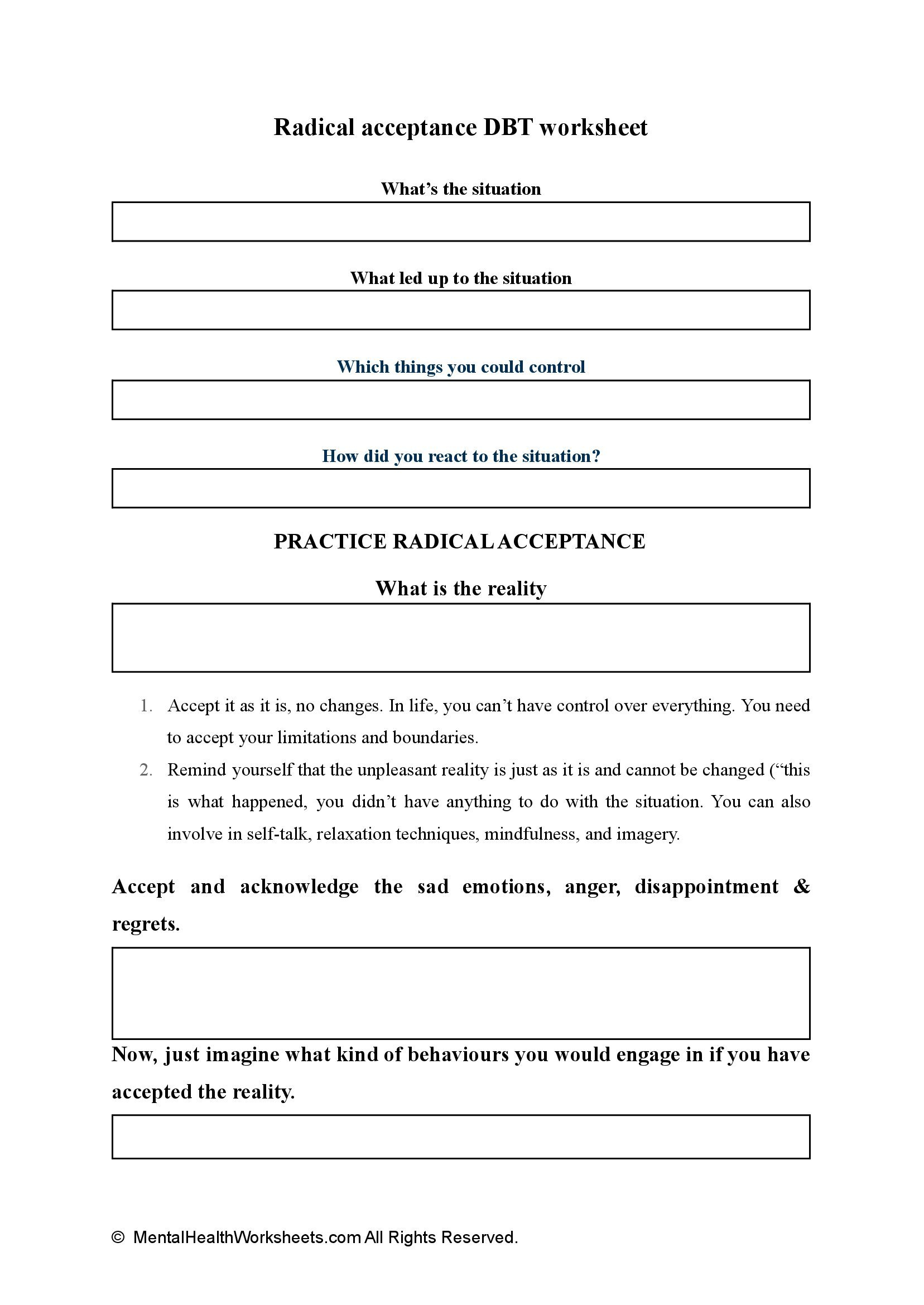 Radical Acceptance DBT Worksheet Mental Health Worksheets