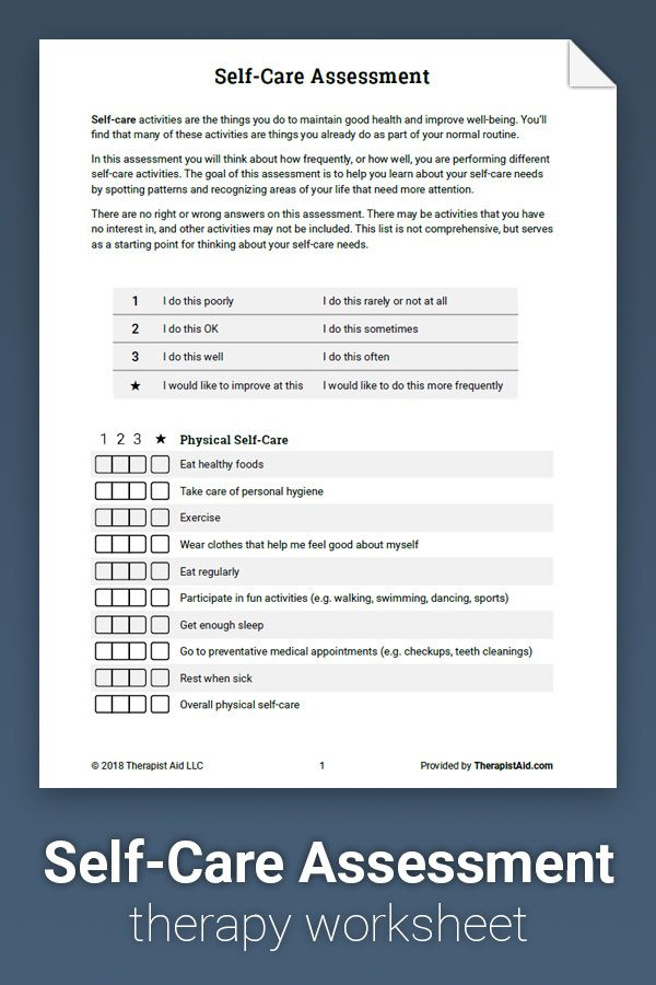 Self Care Worksheet Therapist Aid