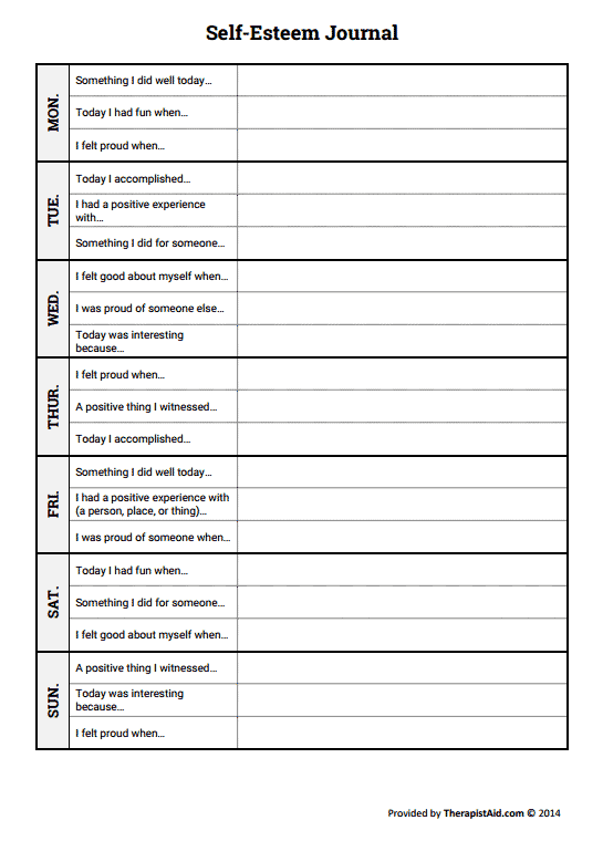 Self Esteem Journal Worksheet Therapist Aid