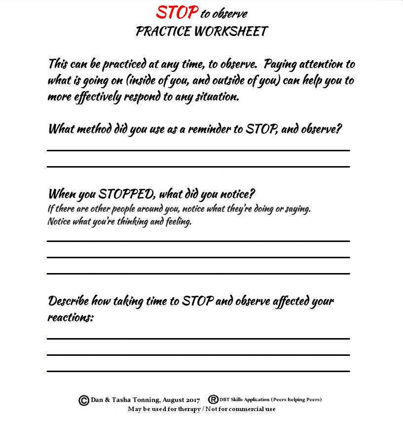 STOP OBSERVE SKILLS DBT Worksheet For Dbt Therapy Worksheets Therapy 