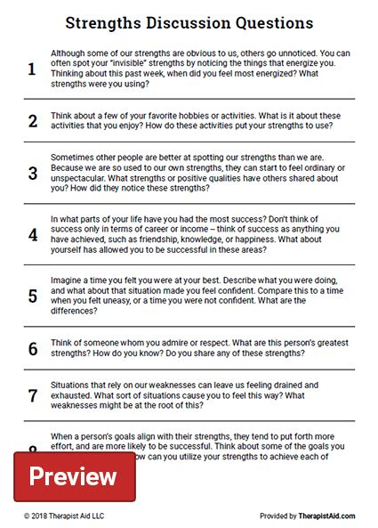 Strengths Discussion Questions Worksheet Therapist Aid Therapy 