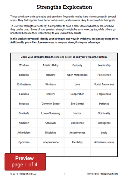 Strengths Exploration Worksheet Therapist Aid