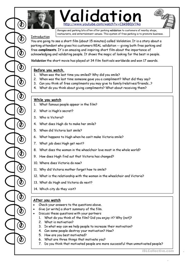 Video Worksheet Validation Short Film English ESL Worksheets For 